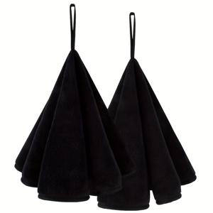 TEMU Kinhwa 2피스 주방 핸드 타월 세트, 블랙 핸드 타월, 마이크로화이버 타월, 얼굴 타월, 욕실 핸드 타월 세트, 링 포함, 부드럽고 흡수력 좋음, 빠른 건조, 라운드 행잉 핸드 타월, 끈 포함, 블랙, 50*50cm/20*20인치