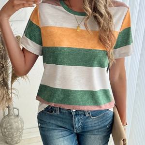 TEMU 여성용 캐주얼 스퀘어 넥 티셔츠 - 슬림핏 미드스트레치 원단, 화려한 멀티컬러 줄무늬, 기계 세탁 가능 봄 여름 상의, 캐주얼 의상 티, 중간 신축성 셔츠, 통기성 소재, 프린트 탑, 패션 애호가용