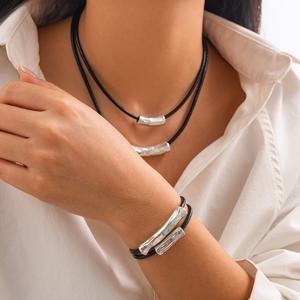 TEMU 세련된 원통형 가죽 왁스 스레드 목걸이, 힙합 합금 멀티 레이어 초커 투피스 세트