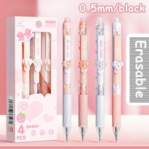 TEMU 4개 지워지는 젤 펜, 편안한 그립, 0.5mm 미세한 팁, 검정 & 파랑 잉크 - 귀여운 파스텔 디자인의 리본 & 딸기 장식, 학교, 시험, 선물용으로 완벽, 학교 문구류 | 귀여운 젤 펜 | 플라스틱 젤 펜, 쓰기용 펜