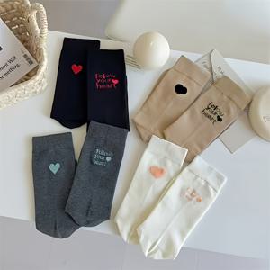 TEMU 여성용 하트 영어 미드 캐프 양말 4켤레, 패셔너블 달콤한 가을 겨울 봄 다용도 귀여운 크루 양말, 일상용 솔리드 컬러 양말
