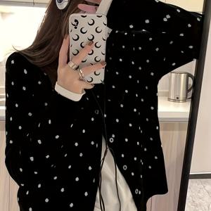 TEMU 여성 캐주얼 물방울 무늬 라운드넥 가디건, 긴소매 스웨터, 단일 열 버튼 클로저, 가을 겨울 패션, H-핏 루즈핏, 레귤러 길이