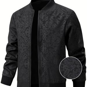 TEMU [Sizi Bean OBM] 남성용 재킷 캐주얼 재킷, 스탬프 불독 프린트 텍스처 중국 스타일 야구 칼라 탑, 97% 폴리에스터 3% 스판덱스, 봄 가을 야외 방풍 착용에 적합