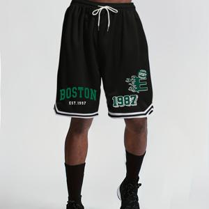 TEMU 남성용 여름 캐주얼 스포츠 반바지 - 루즈핏 농구 러닝 반바지, 조절 가능한 끈 허리, 그린 레터링 프린트 & 1892 디자인, 체육관 및 야외 활동용 통기성 운동 반바지