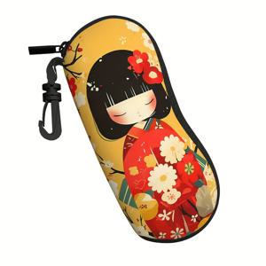 TEMU 1개 일본 기모노 인형 패턴 안경 케이스, 부드럽고 튼튼한 네오프렌 고글 가방, 스크래치 및 먼지 방지, 휴대하기 편리하고 콤팩트, 보관 보호, 일상 활동에 적합, 남녀공용 패션 액세서리