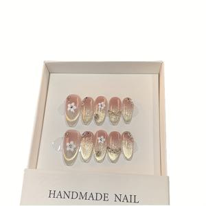 TEMU 고급스러운 순수 수제 착용 가능한 네일 팁 10개 세트, 화이트닝 효과를 위한 캣 아이 라인석이 있는 가벼운 매니큐어