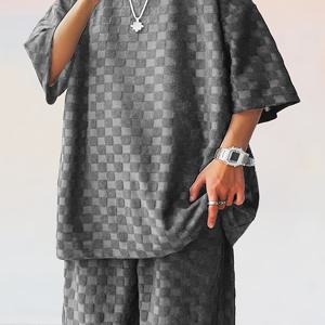 TEMU 2025 여름 신상 플로럴 체크 체스보드 패턴 반팔 티셔츠 세트 루즈핏 큰 사이즈 남성용