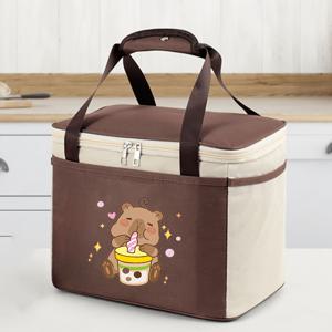TEMU 카피바라 프린트 보온 런치백 - 스타일리시하고 캐주얼한 토트백으로 식사에 적합하며, 지퍼 잠금, 접이식 디자인, 손세탁만 가능, 폴리에스터 안감, 듀얼 손잡이 특징. 직장, 피크닉, 여행에 적합 (식품 비접촉; 2D 평면 인쇄)