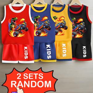 TEMU 2세트 4pcs 남아 메시 통기성 스포츠 조끼 및 반바지 세트, 중~대형 아동 공룡 프린트 민소매 상의 및 탄성 허리 반바지 2pcs 세트, 남아용 속건성 운동 농구 유니폼, 축구 의상, 야외 활동에 적합