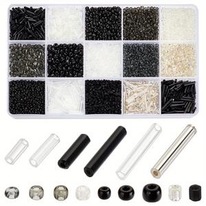 TEMU 2~12mm 사이즈의 구멍 크기 0.5~1mm 사이의 투명 및 불투명 15가지 스타일의 유리 시드 비즈 약 200그램을 담은 상자. 공예 용품 및 수제 스티커 제작에 적합합니다.