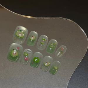 TEMU 10개입 산뜻한 3D 귀여운 녹색 사과 고양이 눈 네일 스티커, 반짝이는 아이스 클리어 그라데이션 웨어러블 네일, 달콤한 탈착식 네일 피스