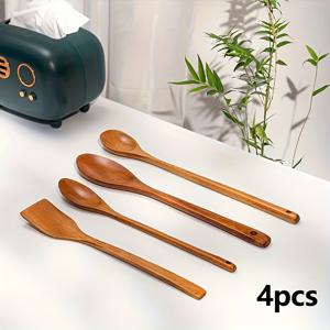 TEMU 3개/4개입 일본식 긴 손잡이 나무 스푼, 33Cm/12.99In, 끓이기 및 조리용 확장형 냄비, 부침가루 나무 스푼, 나무 단열 수프 스푼, 주방 도구, 웨딩 웨딩 바구니