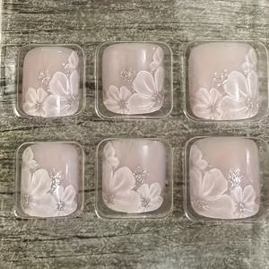 TEMU 24개 핸드메이드 플로럴 글리터 패치 네일 - 핑크 꽃과 라인스톤이 있는 사각형 짧은 재사용 가능 네일 스티커, 발, 파티, 결혼식, 데일리룩을 위한 우아한 디자인