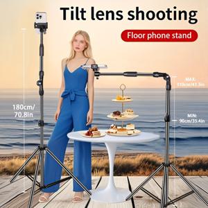 TEMU 180cm 조절 가능한 금속 바닥 삼각대, 휴대폰용, 리트랙터블 링크 암 포함, 라이브 스트리밍 및 녹화, 요리, 그림 그리기, 음식 사진 촬영에 적합 | 높이와 각도 자유롭게 조절 가능 | 더 큰 안정성을 위한 무광 소재