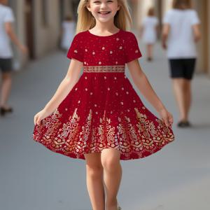 TEMU 패션 여아 및 유아 여아 트렌디 귀여운 여아용 귀여운 생생한 캐주얼 레드 선물 휴가 패치워크 허리 주름 짧은팔 원피스, 3D 디지털 프린트 짧은 A라인 스커트 허리 주름 플레어 원피스 여아용 캐주얼 편안함