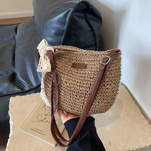 TEMU 여성용 여름 라탄 짚 가방 니트 비치백 스타일 크로스백