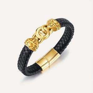 TEMU 1개 가죽 팔찌, 트렌디한 힙합 스타일, 304 스테인리스 스틸 18K 골드 도금 18K 골드 도금 - 남성용 팔찌