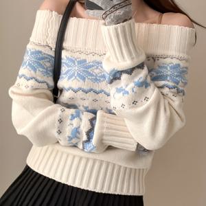 TEMU 여성용 겨울 의류, 새로운 가을/겨울 스타일, 오프숄더 블루 앤 화이트 자카드 스웨터, 스위트 앤 스파이시 빈티지 니트웨어, 소녀스러운 긴소매 여성용 겨울 스웨터