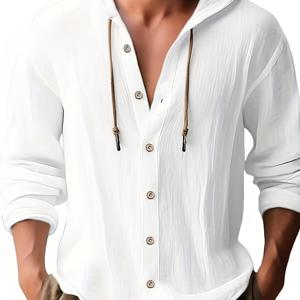 TEMU 남성용 캐주얼 후드 긴팔 셔츠 - 솔리드 블랙 버튼 디자인, 조절 가능한 드로스트링 후드, 가슴 포켓, 봄/가을용 레귤러 핏, 가을 워드로브, 후드 칼라, 캐주얼 웨어, 논스트레치 소재
