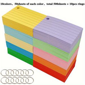 TEMU 500매 라인 컬러 색인 카드 (링 포함) - 7.62X5.08Cm 줄자 플래시 카드 (학습, 학습, 학교 노트용) - 펀칭 구멍이 있는 종이 노트 카드, 바인더 링 10개 포함
