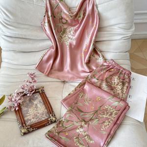 TEMU 청소년 스타일 사계절 러플 넥 밴드 스몰 체리 프린트 캐미 & 롱 팬츠 파자마 세트 2pcs, 십대용