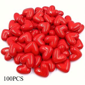 TEMU 100개 3D 아크릴 레드 하트 비즈 - 광택감 있는 생동감 넘치는 하트 모양 DIY 액세서리 제작용, 목걸이, 귀걸이, 팔찌, 키체인 & 폰참, 펜던트, 키체인 액세서리, 광택 마감, 매끄러운 질감