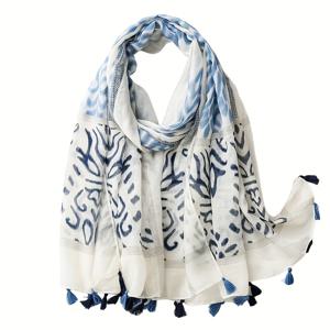 TEMU 여성용 스카프 - 엑스트라 롱 & 와이드 럭셔리 블루 프린트 (네이비) - 사계절 레이어링 숄 랩 - 세련되고 야생적인 일상 및 포멀 룩, 논 스트레치 우아한 랩, 프린지 디테일, 트렌디 스트릿 스타일, 가벼운 소재, 정교한 제작