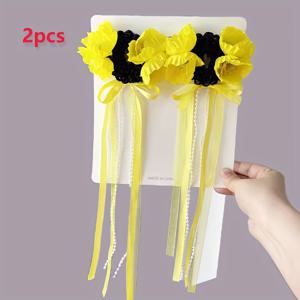 TEMU 2개입 신상 'S' 롱 리본 꽃 가발 머리끈 귀여운 컬러풀 꽃 긴 태슬 머리 묶음 머리끈 데일리 및 파티 착용 헤어 액세서리