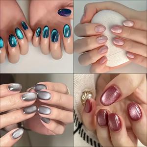 TEMU 96개 세트 숏 스퀘어 캣아이 프레스온 네일, 4가지 컬러 크리스마스 글리터 캣아이 소프트 젤 인조네일, 여성용 아크릴 네일팁, 15가지 사이즈로 완벽 핏 & 자연스러운 재사용 가능