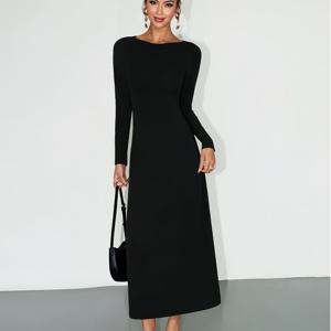 TEMU 여성 가을 블랙 우아한 긴팔 슬림 드레스 프렌치 고급스러운 태도 허리 주름 베이스 롱 드레스