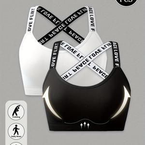 TEMU 여성용 레터 프린트 스트랩리스 오픈백 섹시 스포츠 브라 2개 세트, 혼합 색상, 크리스크로스 오픈백 와이어프리 집σι 편안한 탈부착형 패드 스포츠 요가 탱크탑 1개