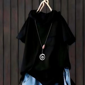 TEMU 후드 티셔츠 여성 여름 신상 루즈핏 반팔 문학 감성 디스트레스 캐주얼 블랙 탑