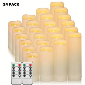 TEMU 무화염 LED 캔들 - 24개 세트 배터리 작동 리모컨 및 타이머 기능, 결혼식 파티 센터피스, 크리스마스 홈 인도어 아웃도어 장식, 선물용, 휴일 분위기 조성, 우아한 조명, 적외선 감지, 내구성 플라스틱, 이벤트 기획자 및 휴일 애호가를 위한 화이트 LED 필러 캔들 (배터리 미포함)