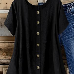 TEMU 플러스 사이즈, 여성용 플러스 사이즈 우아한 특별 라인 버튼 프론트 플라켓 셔츠 - 라운드 넥 블라우스, 세탁기 사용 가능한 솔리드 컬러 탑, 사계절 캐주얼 & 드레시 웨어, 플러스 사이즈 의류, 페이크 버튼 디테일 (패널 없음)