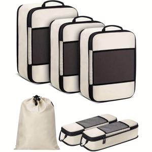 TEMU 신형 사각망 압축 여행 정리함 6pcs 세트, 지퍼 잠금, 내구성 폴리에스터 - 의류, 신발, 액세서리에 이상적 - 효율적인 여행 정리, 수하물 정리 가방 | 생기 넘치는 여행 세트 | 필수 홈 스토리지 세트 | 필수 여행 키트