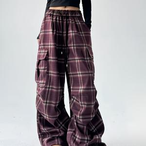 TEMU 여성용 빈티지 체크무늬 카고 팬츠 - 캐주얼 레그 트라우저, 스트리트 스타일, 신축성 있는 허리의 루즈핏, 멀티 포켓 디자인, Y2K 패션 캐주얼 사계절 활용성, 기계 세탁 가능 어반 트렌디 와이드 레그 디자인, 비침 없는 원단