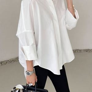 TEMU 여성 가을 신상 숏 프론트 롱 백 라펠 드롭 숄더 슬리브 단색 긴소매 커프스 엘레강트 셔츠, 오피스, 데이트, 휴가, 파티, 쇼핑, 데일리 캐주얼 웨어에 적합