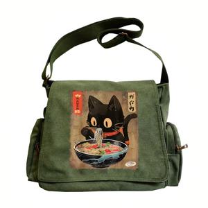 TEMU 애니메이션 고양이 & 라면 프린트 토트백 - 빈티지 만화 스타일, 고양이 & 국자, 조절 가능한 스트랩, 지퍼 잠금, 여행, 쇼핑용 - 캐주얼 크로스바디백