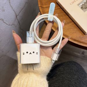 TEMU 고양이 얼굴 아이폰 충전기 케이스, 케이블 보호대, 커넥터 커버 5개 세트. Apple 18W/20W 충전기 및 데이터 케이블용. 케이블 정리 및 보관, 엉킴, 충격, 스크래치, 오염 방지