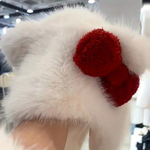 TEMU 보우노트 모자 따뜻한 플러시 모자 귀여운 고양이 스타일 달콤한 귀 보호 모자 흰색 귀걸이 모자 두꺼운 방한 푹신한 모자 여성용 데일리 가을 겨울