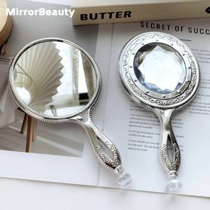 TEMU 1개 레트로 실버 메이크업 미러, 스톤 장식 핸드헬드 미러, 고화질 미러 표면, 집에서 메이크업 및 외출 시 터치업에 적합