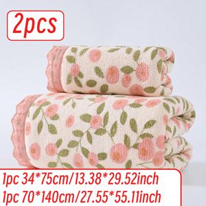 TEMU 2개/4개 세트, 타월 34x75cm/40x80cm, 목욕 타월 70x140cm/90x170cm, 로맨틱 하트 레ース 트림, 전원풍 스타일, 꽃무늬 프린트 타월/목욕 타월, 부드럽고 편안하며 흡수성이 뛰어나고 보풀이 없는 헤어 워시 앤 드라이 타월, 핑거팁 타월, 가정용, 세수 및 목욕 타월/목욕 타월 세트