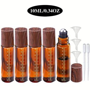 TEMU 10ml 리필 가능한 눈금 롤러 병 5개 (향수 & 오일용) - 호박색 유리, 누수 방지, 스틸 볼, 우드 그레인 캡, 드로퍼 & 깔때기, 리필 가능한 여행용 병, 할로윈/크리스마스 선물