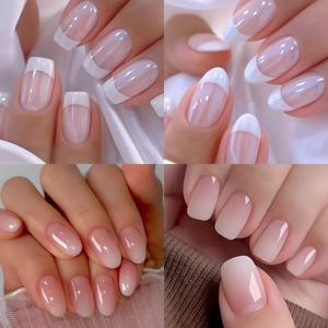 TEMU 아몬드형 2가지 타입(숏 스퀘어, 숏 아몬드) 4가지 스타일 (96개입) 클래식 엘레강스 핑크 매직 미러 유광 화이트 엣지 프렌치 및 파인 글리터 핑크-화이트 그라데이션 네일 아트 세트, 젠틀, 엘레강스, 스위트, 탈부착 및 재사용 가능