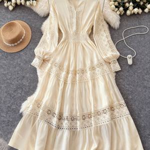 TEMU 여성용 우아한 V넥 레이스 드레스 - 대조 트림 - A라인 - 길이 웨딩 게스트 가운, 슬림핏 허리, 롱 슬리브 포멀 파티 드레스, 세탁기 사용 가능 (신축성 없음) - 프롬, 교회 행사 및 특별한 날을 위한 드레스