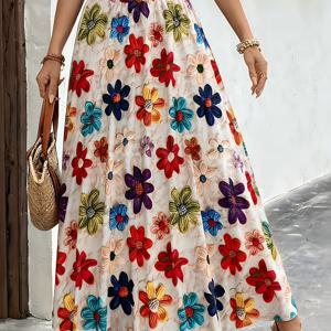 TEMU 여성용 우아한 플로럴 프린트 미디 스커트 - 생생한 멀티컬러 플로럴 패턴, 탄성 허리 밴드, 올 시즌 활용 가능한 캐주얼부터 포멀 웨어까지, 플로럴 프린트 스커트, 시즌 패션, 스타일리시 디자인, 패션 애호가