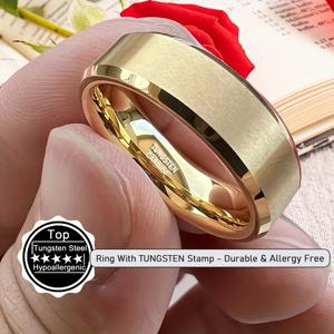 TEMU [조각된 텅스텐 로고] 알레르기 없는 패션 6mm 베벨 매트 텅스텐 카바이드 반지 - 18K 골드 도금, 여성 및 남성용 약혼 및 웨딩 밴드 선물 주얼리 - 내구성, 배터리 없음