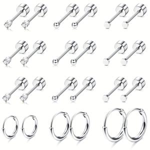 TEMU 24개입 소형 플랫백 저자극성 귀걸이 스터드, 304 의료용 스테인리스 스틸 귀걸이 세트, 다중 피어싱용, 연골 후프 귀걸이