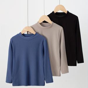 TEMU 남아용 긴팔 티셔츠 3종 세트, 가을용, 어린 아이들, 남아, 골지 단색 터틀넥 긴팔 상의, 탄성 슬림핏 풀오버 셔츠, 봄/가을 4계절 스타일, 남동생 옷, 베이스 셔츠, 4-13세