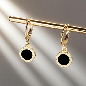 TEMU 기하학적 정교한 광택 있는 블랙 로마数字 가을 겨울 라운드 펜던트 귀걸이, 골든